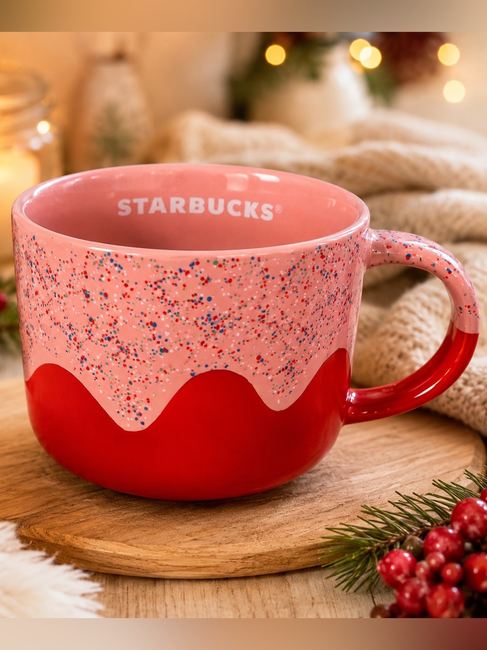 Starbucks 2022 Pink & Red Speckled Drip Ceramic Mug 14 oz
